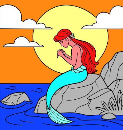 Versão colorida: Sereia na pedra ao pôr do sol