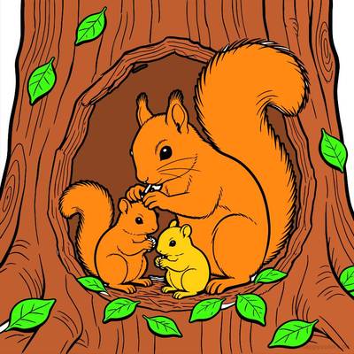 Ausgemalte Version: Eichhörnchenfamilie in der Baumhöhle