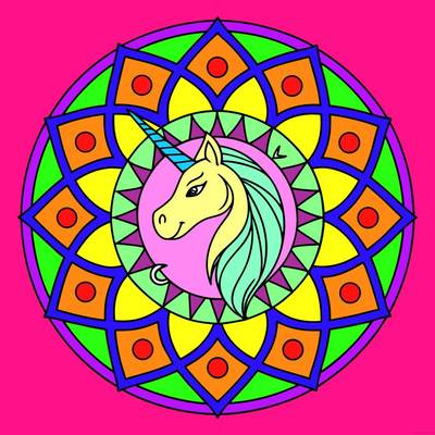 Wersja pokolorowana: Geometryczna mandala z jednorożcem