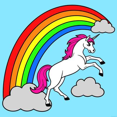 Ausgemalte Version: Springendes Einhorn unter dem Regenbogen