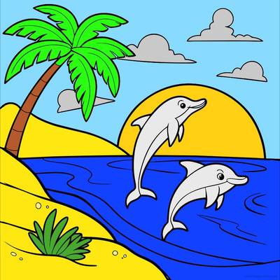 Versão colorida: Golfinhos na praia ao pôr do sol