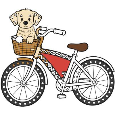 Ausgemalte Version: Hund im Fahrradkorb auf einem Fahrrad