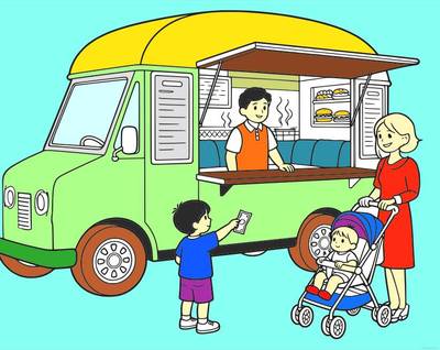Farvelagt version: Foodtruck, der serverer en familie