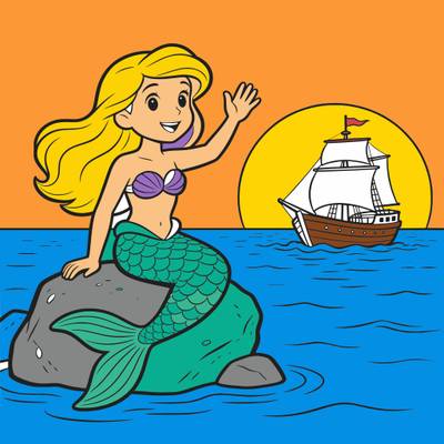 Versione colorata: Sirena che saluta una nave al tramonto