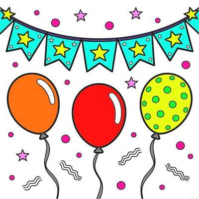 Version coloriée : Guirlande étoilée et trois ballons