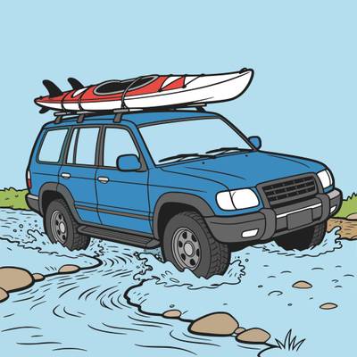 Colored version: SUV with kayaks crossing a river ford