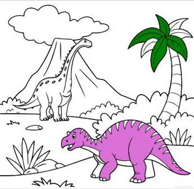 Väritetty versio: Dinosaurukset tulivuoren luona