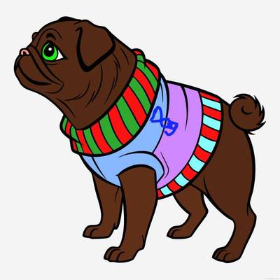 Ausgemalte Version: Mops mit Pullover blickt nach oben