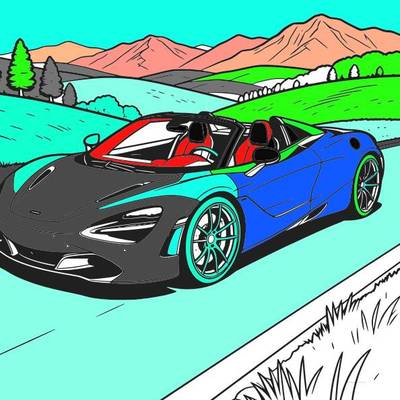Versione colorata: Auto sportiva cabrio su strada di montagna