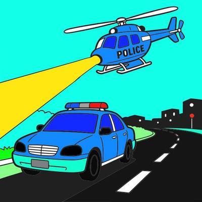 Ausgemalte Version: Polizeihubschrauber und Polizeiauto bei Nacht