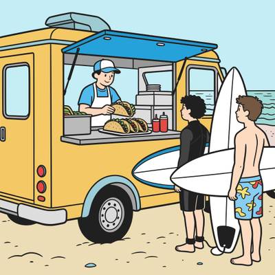 Farvelagt version: Tacovogn på stranden med surfere