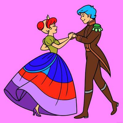 Ingekleurde versie: Prinses en prins die samen dansen