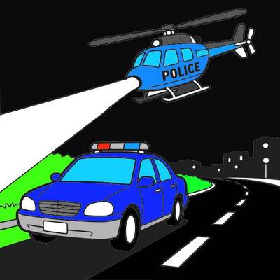 Colored version: Police helicopter and car at night
