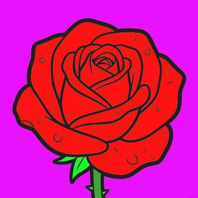 Ausgemalte Version: Einzelne Rose mit Morgentautropfen