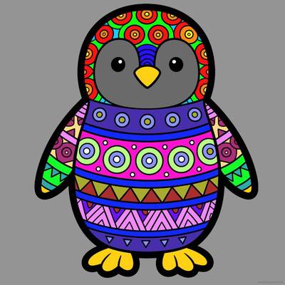 Ausgemalte Version: Pinguin mit Zentangle-Muster von vorn