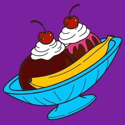 Farvelagt version: Enkel bananasplit med kirsebær