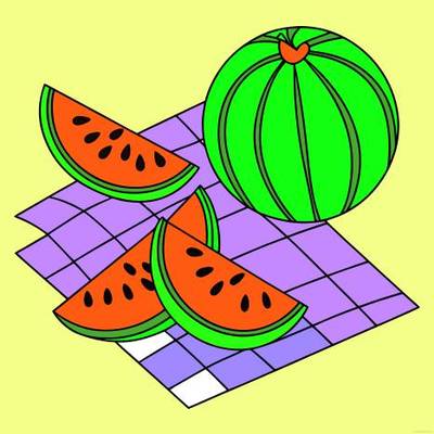 Ausgemalte Version: Wassermelonenscheiben auf Picknickdecke