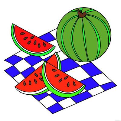 Ausgemalte Version: Wassermelonenscheiben auf Picknickdecke