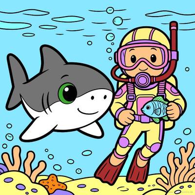 Colored version: Cute shark with diver and fish