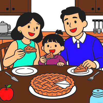 Ausgemalte Version: Familie teilt Apfelkuchen
