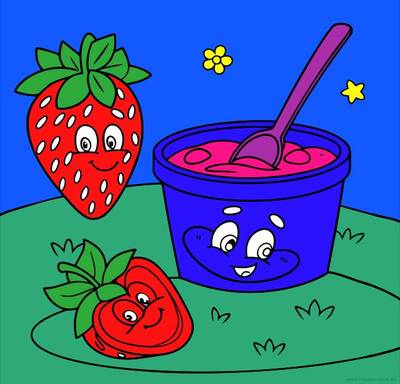 Ausgemalte Version: Erdbeerjoghurtbecher und Erdbeeren