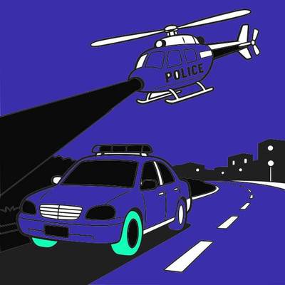 Väritetty versio: Poliisihelikopteri ja poliisiauto yöllä
