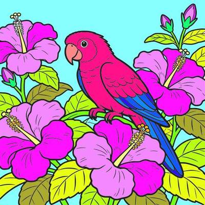 Ausgemalte Version: Papagei zwischen tropischen Hibiskusblüten