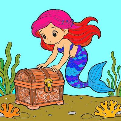 Versão colorida: Sereia abrindo baú do tesouro