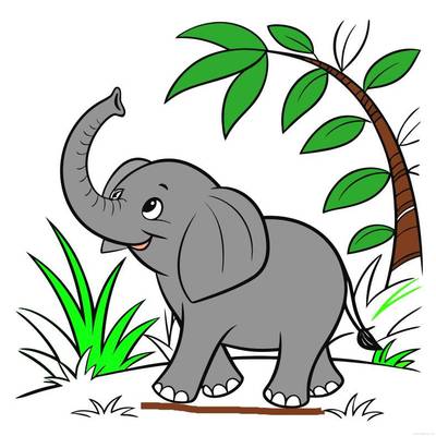 Farvelagt version: Elefant i junglen med løftet snabel
