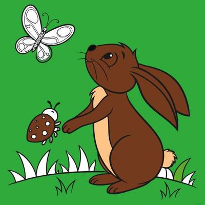 Ausgemalte Version: Stehender Hase mit Schmetterling und Marienkäfer