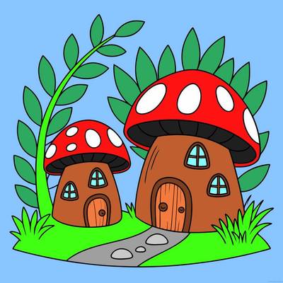 Version coloriée : Maisons champignons d’un village d’elfes