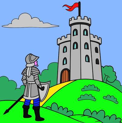 Versão colorida: Cavaleiro diante de um castelo alto