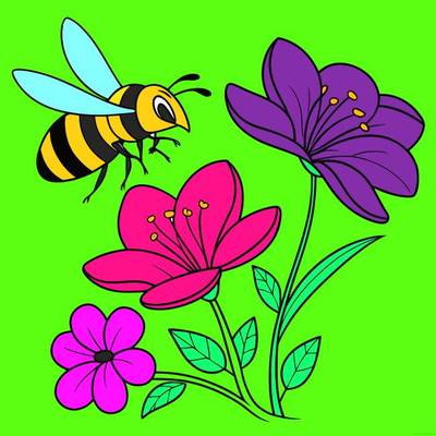 Fargelagt versjon: Enkel bie ved blomstrende blomster