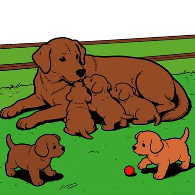 Versão colorida: Golden retriever com cinco filhotes