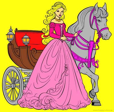 Ausgemalte Version: Prinzessin mit Pferd und Kutsche