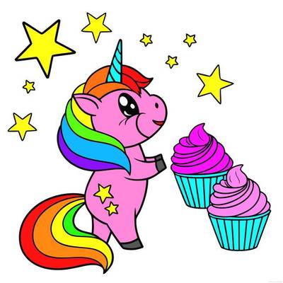 Ingekleurde versie: Chibi-eenhoorn met cupcakes en sterren