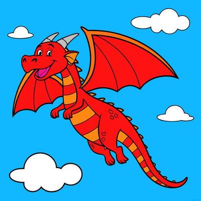 Ausgemalte Version: Fliegender Drache mit Wolken