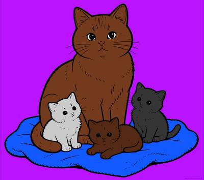 Versione colorata: Mamma gatta con tre gattini