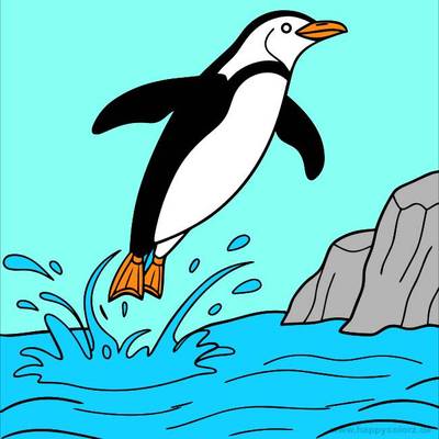 Versão colorida: Pinguim pulando na água