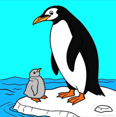 Versão colorida: Pinguim-imperador com filhote no gelo