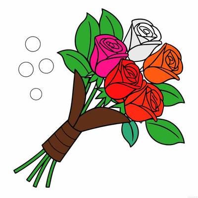 Version coloriée : Bouquet de roses noué avec un ruban