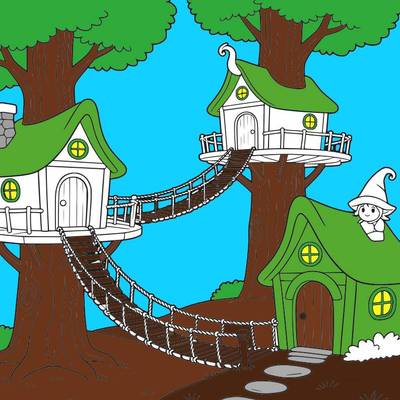Version coloriée : Village de lutins dans les arbres