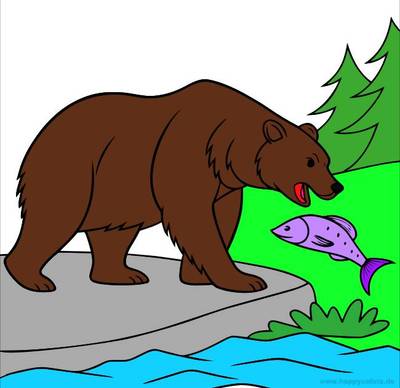 Ausgemalte Version: Grizzlybär fängt einen Lachs