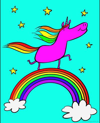 Ausgemalte Version: Einhorn auf Regenbogen mit Sternen