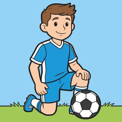 Ausgemalte Version: Kniender Fußballspieler mit Ball