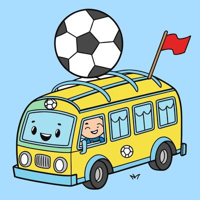 Ausgemalte Version: Fußballmannschaftsbus mit Ball und Fahne