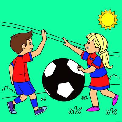 Ausgemalte Version: Junge und Mädchen beim Fußball-High-Five