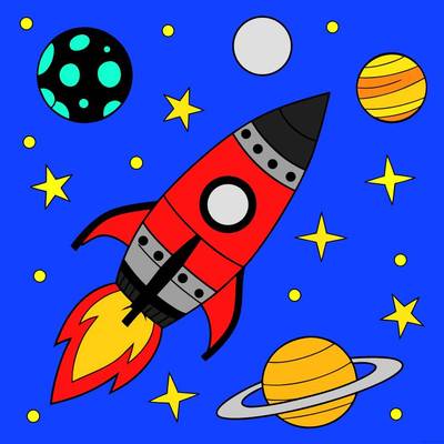 Ausgemalte Version: Einfache Rakete mit Sternen und Planeten
