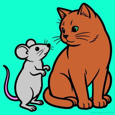 Versione colorata: Topolino e gatto che si guardano
