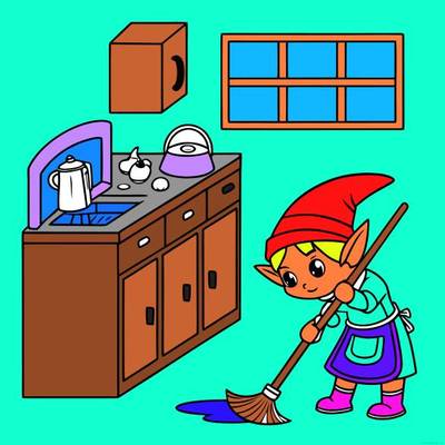 Version coloriée : Elfe de maison nettoyant la cuisine